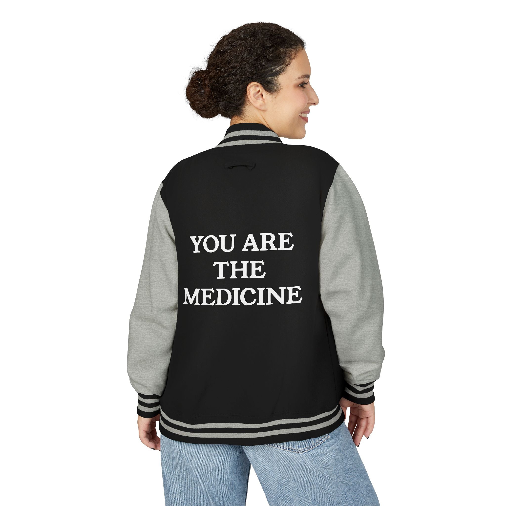 Letterman Jacket — 'You Are The Medicine' Retro Varsity Jacket with Green Mandala Chest
