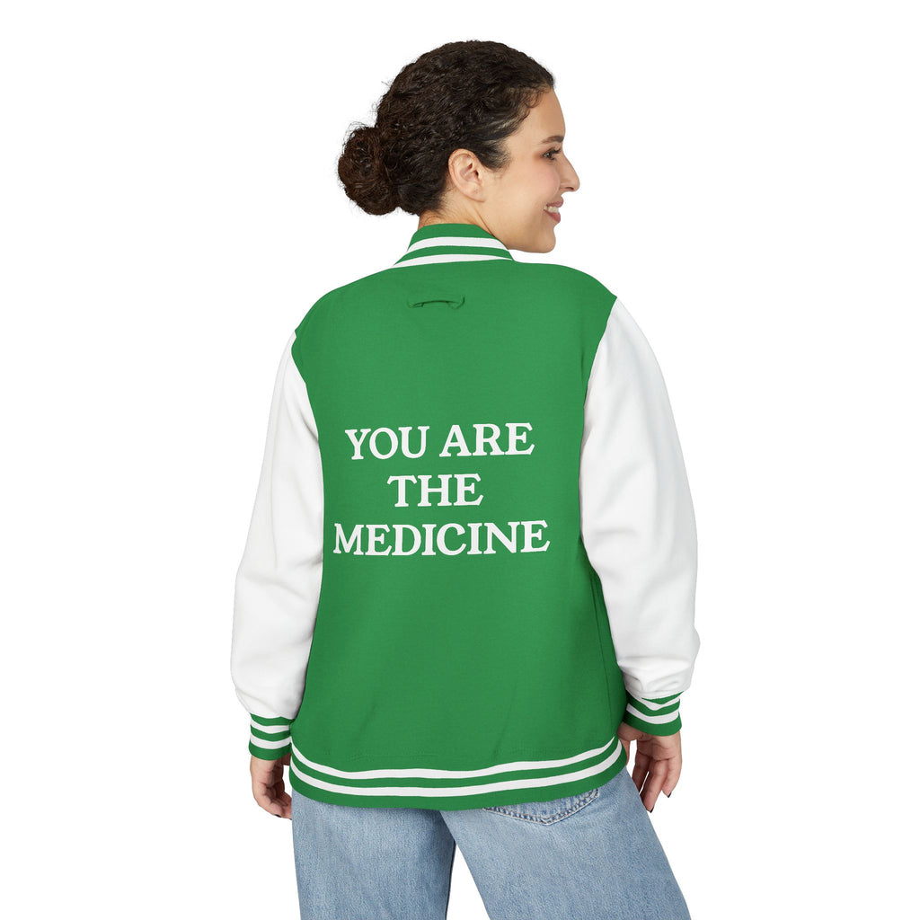 Letterman Jacket — 'You Are The Medicine' Retro Varsity Jacket with Green Mandala Chest